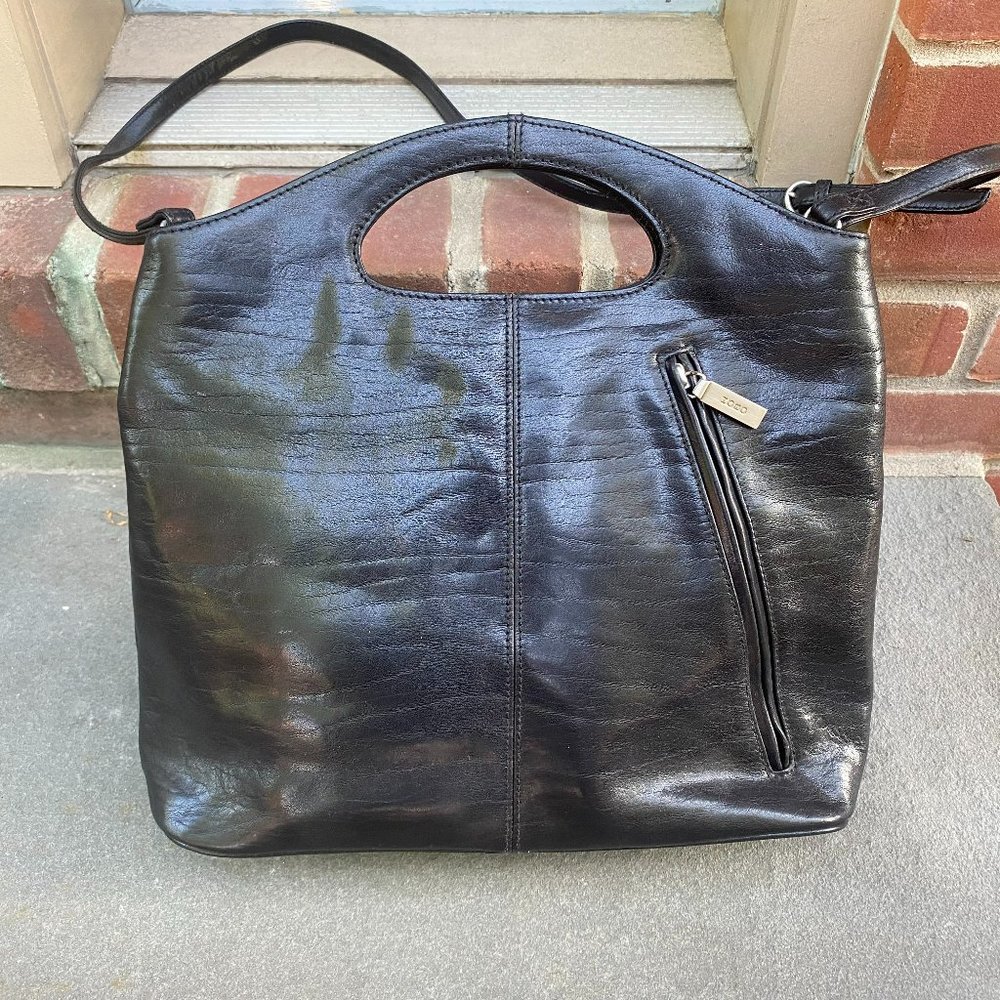 HOBO brand black leather shoulder or hand bag, gorgeous red lining,